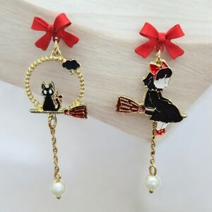 Kiki’s Delivery Service Cute Pearl Earrings Jiji Black Cat Witch Broom Red Bows